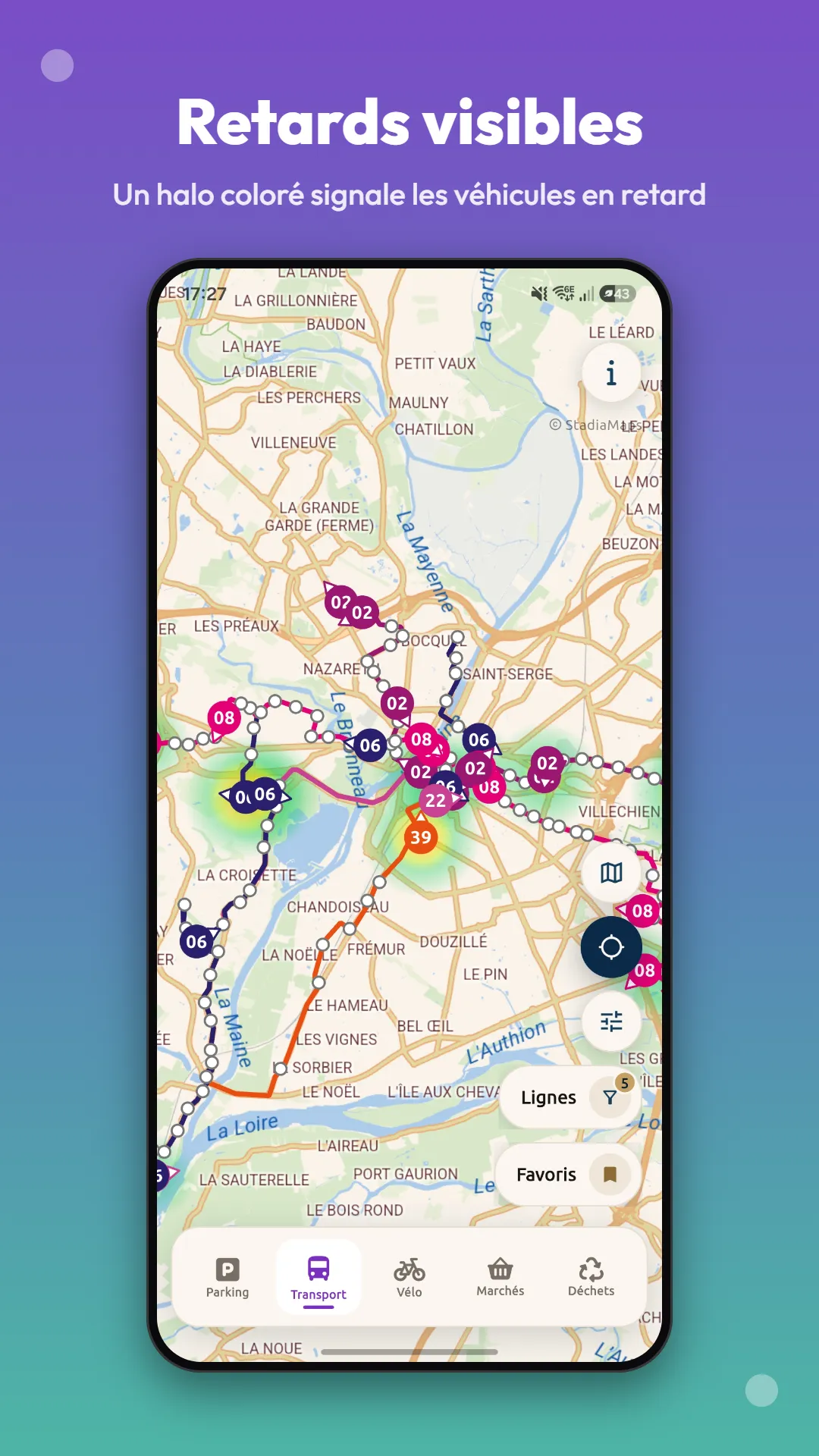 Carte des bus avec des halos colorés indiquant les retards